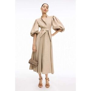 NO PISE LA GRAMA Bromelia Beige Linen Puffed Sleeve Midi Shirt Dress Size 10